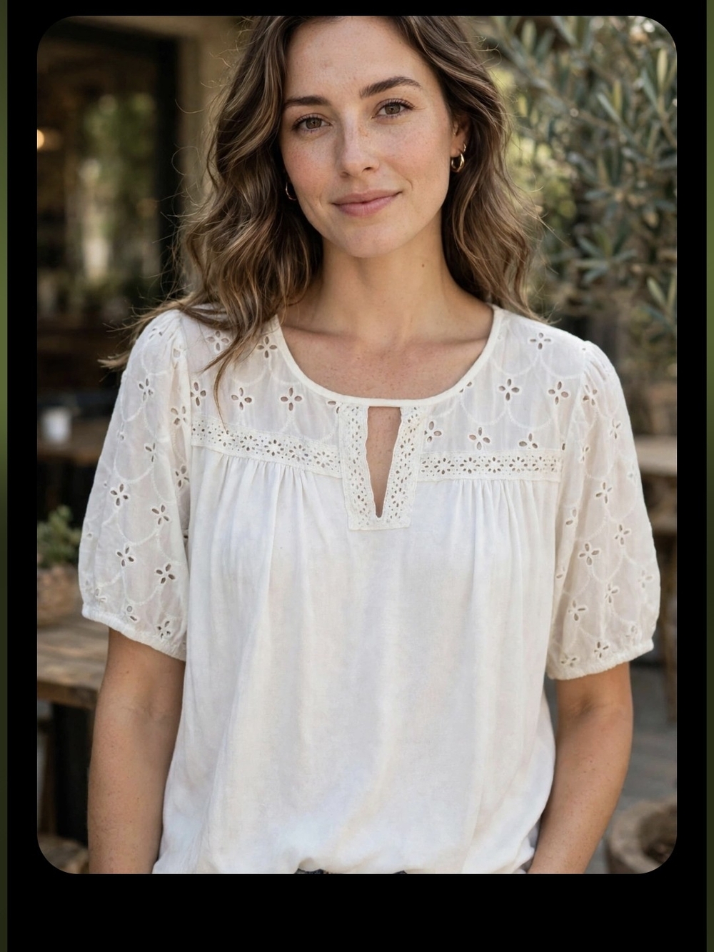 Eyelet Split-Neck Blouse in Cream - Feminine Short Sleeve Top